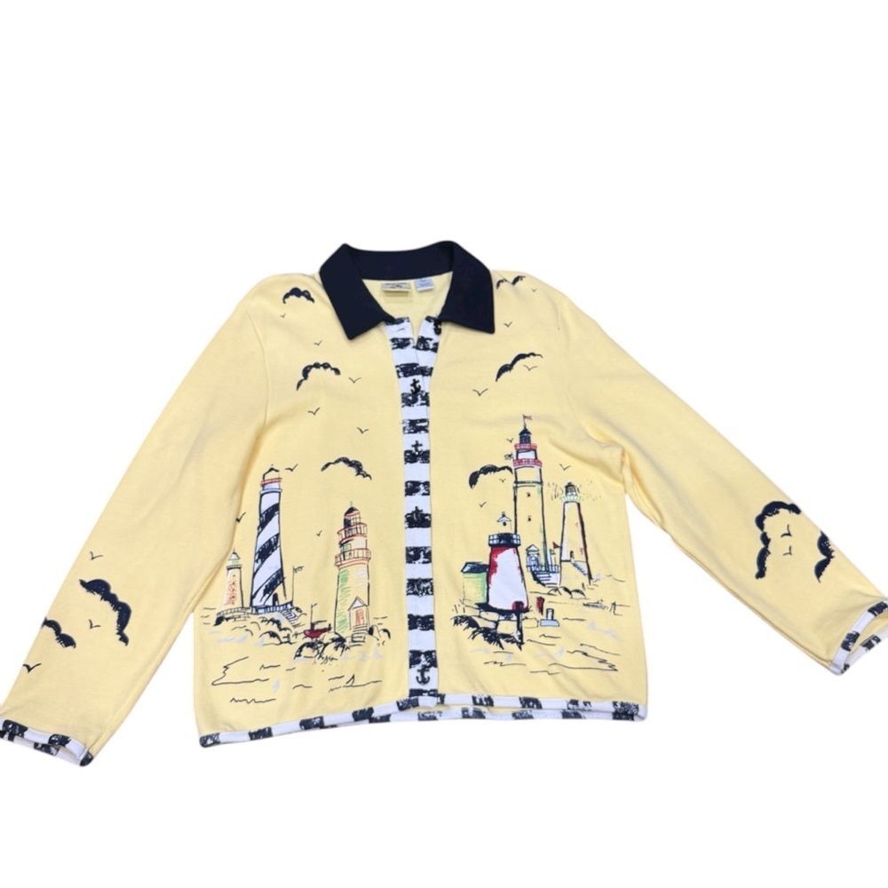 ⛵️Vintage Sportelle Lighthouse Print Cardigan |Yellow Coastal Sweater | L 🌅